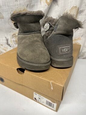 UGG Short Suede Bling Rhinestone Button Boots in Gray
